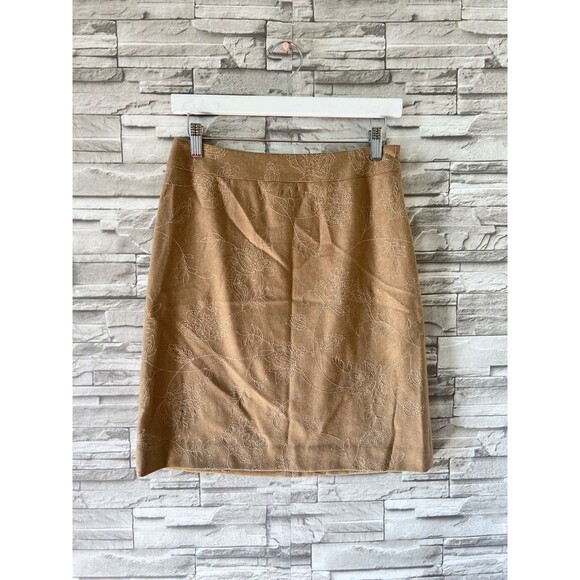 Ann Taylor Skirt Womens 2 Tan Embroidered Wool Blend Lined Mid Length Side Zip - Picture 2 of 8
